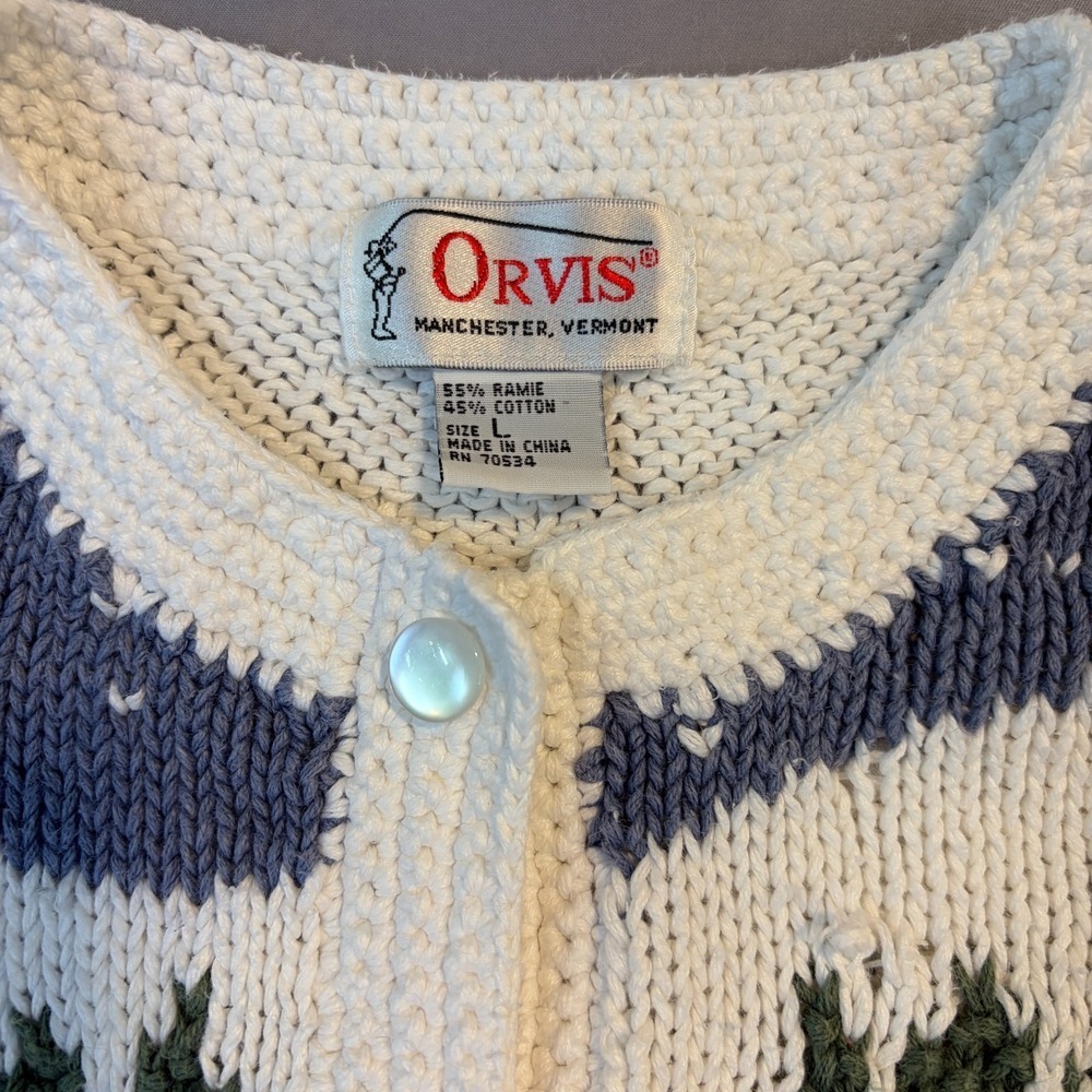 Vintage Winter Town Orvis 3D Cardigan 90s Embroidered Snow Ski Village Sweater L - Picture 3 of 7